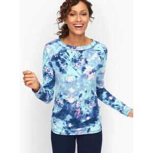 Talbots Womens L Petite Blue Tie Dye High Low Wrap Hem Pullover Top Shirt